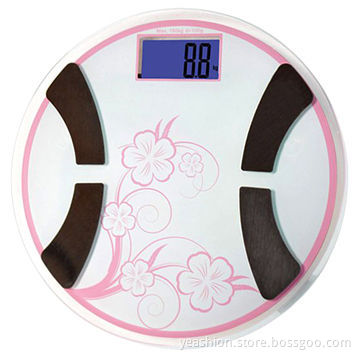 Round digital body fat analyzers, CE/RoHS, tempered glass platform, big LCD screen with backlight
